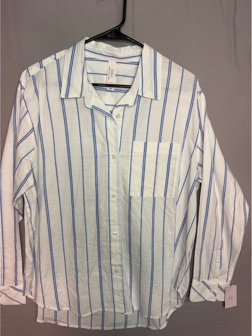 Auden Long Sleeve Sleepwear Button-Down Shirt White Blue Stripe Size S NWT